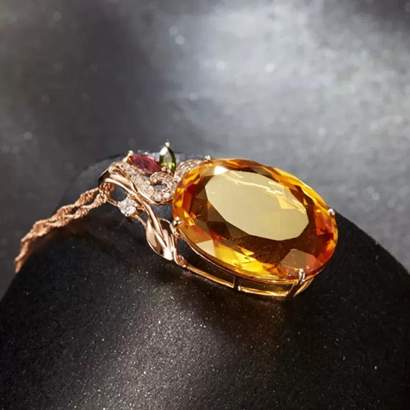 Oval Citrine Gemstone Pendant Classic Rose Gold Necklace