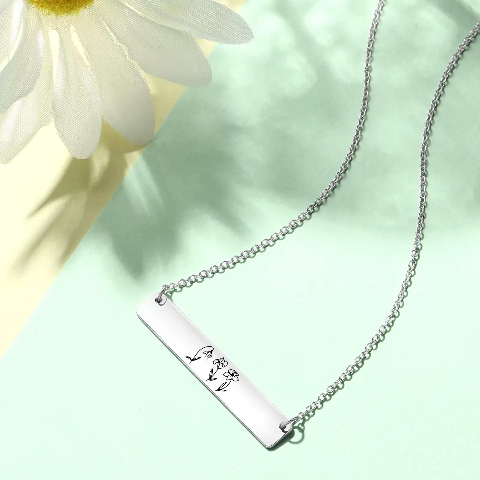 Personalized Birth Flower Engraving Bar Pendant Necklace