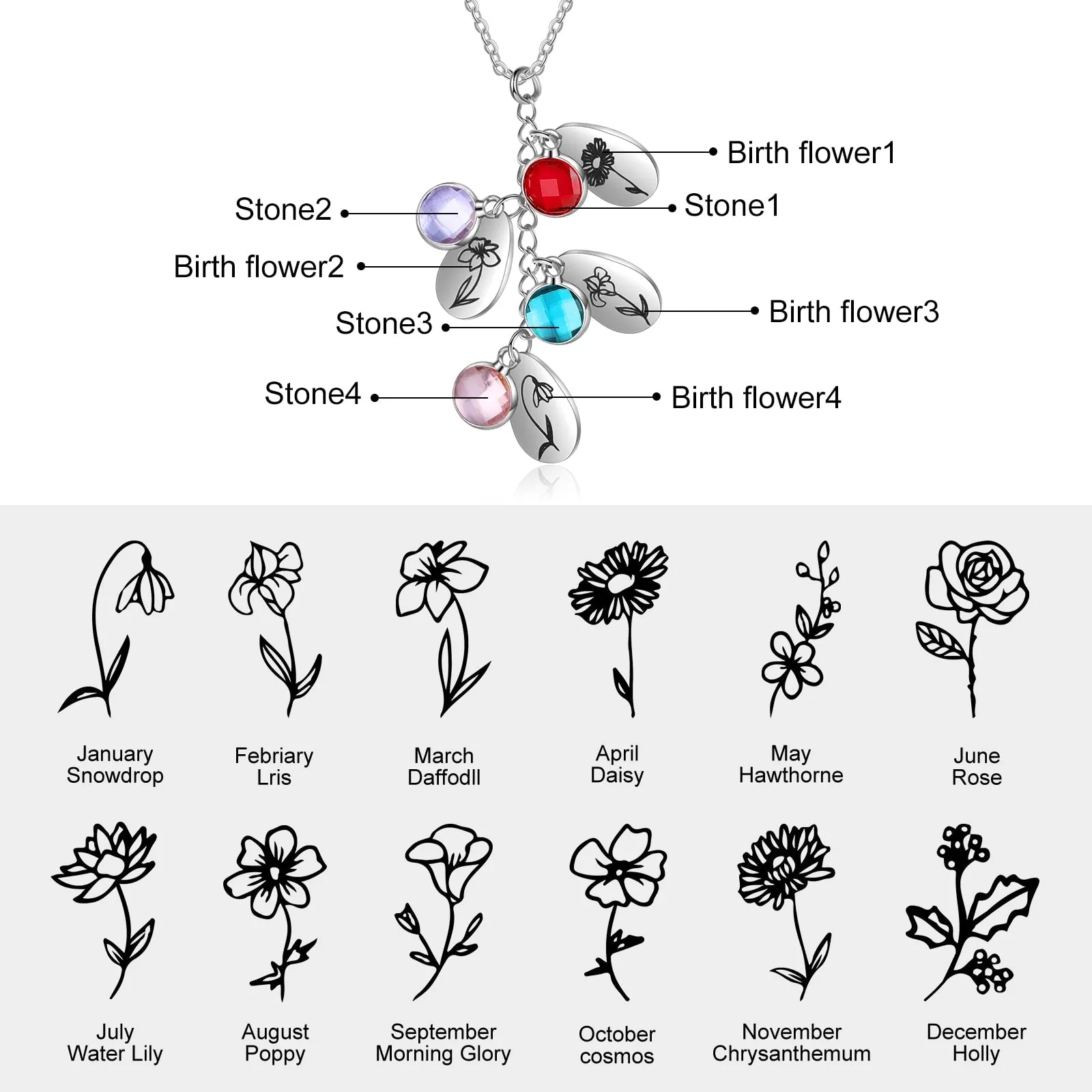 Personalized Birth Flower Pendant Necklace Jewelry