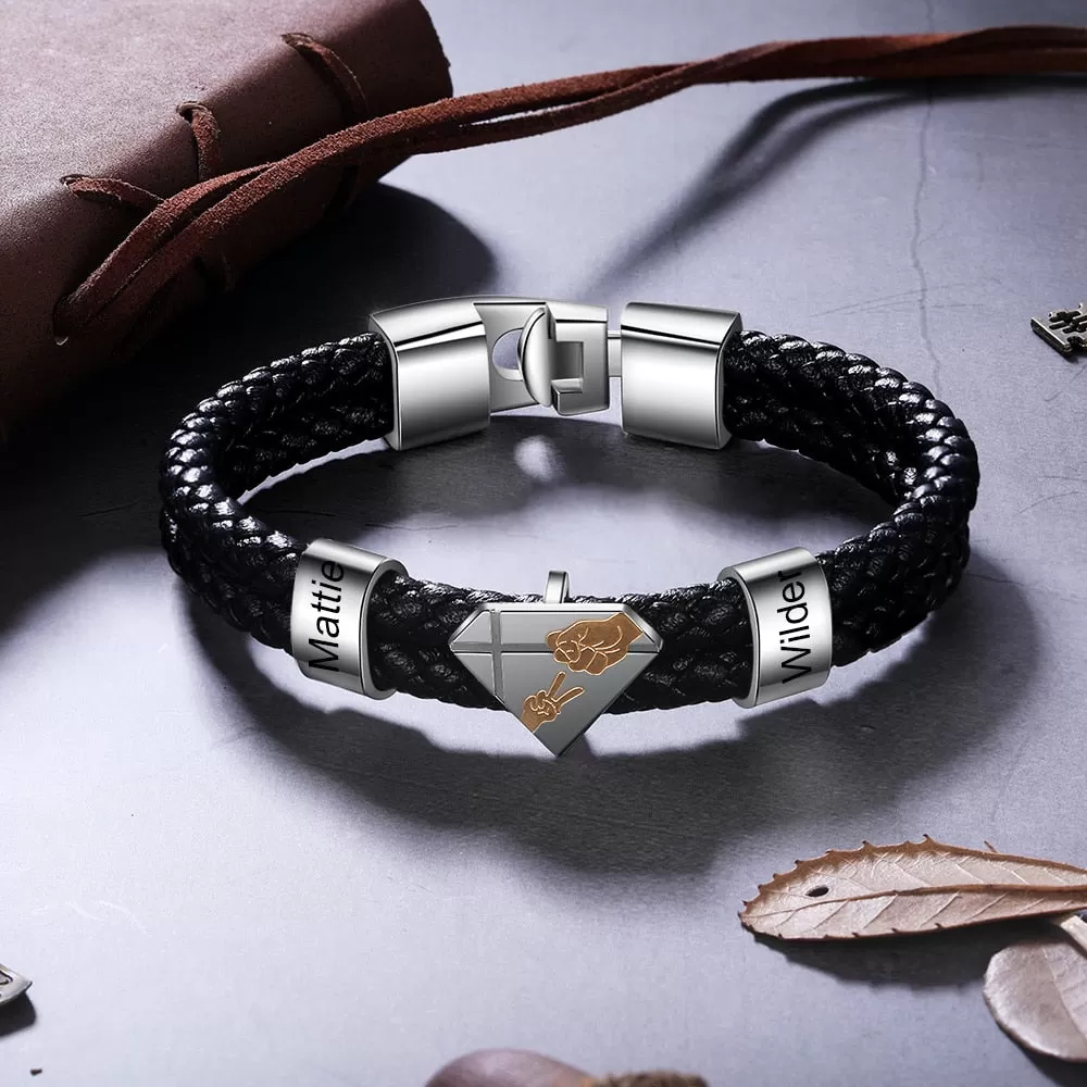 Personalized Engraved Name Black Braided Leather Bracelet For Men