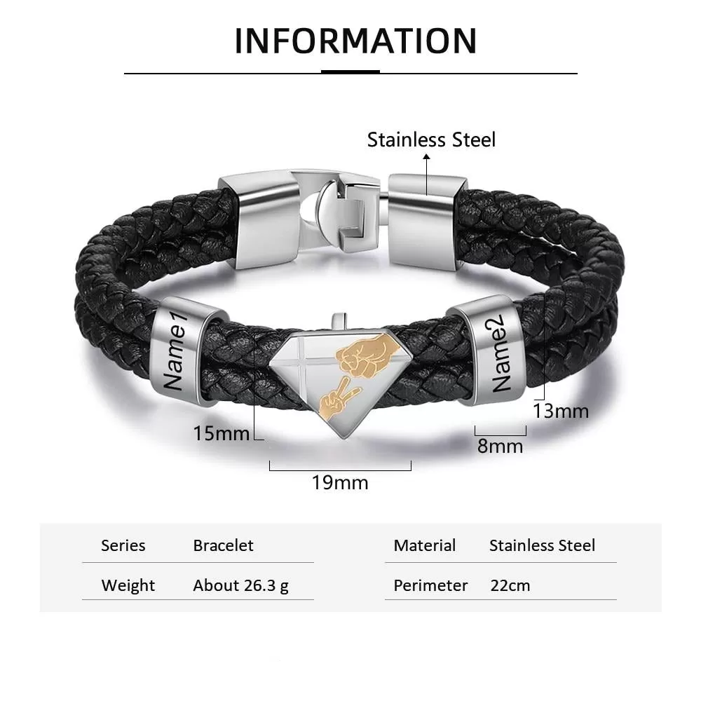 Personalized Engraved Name Black Braided Leather Bracelet For Men