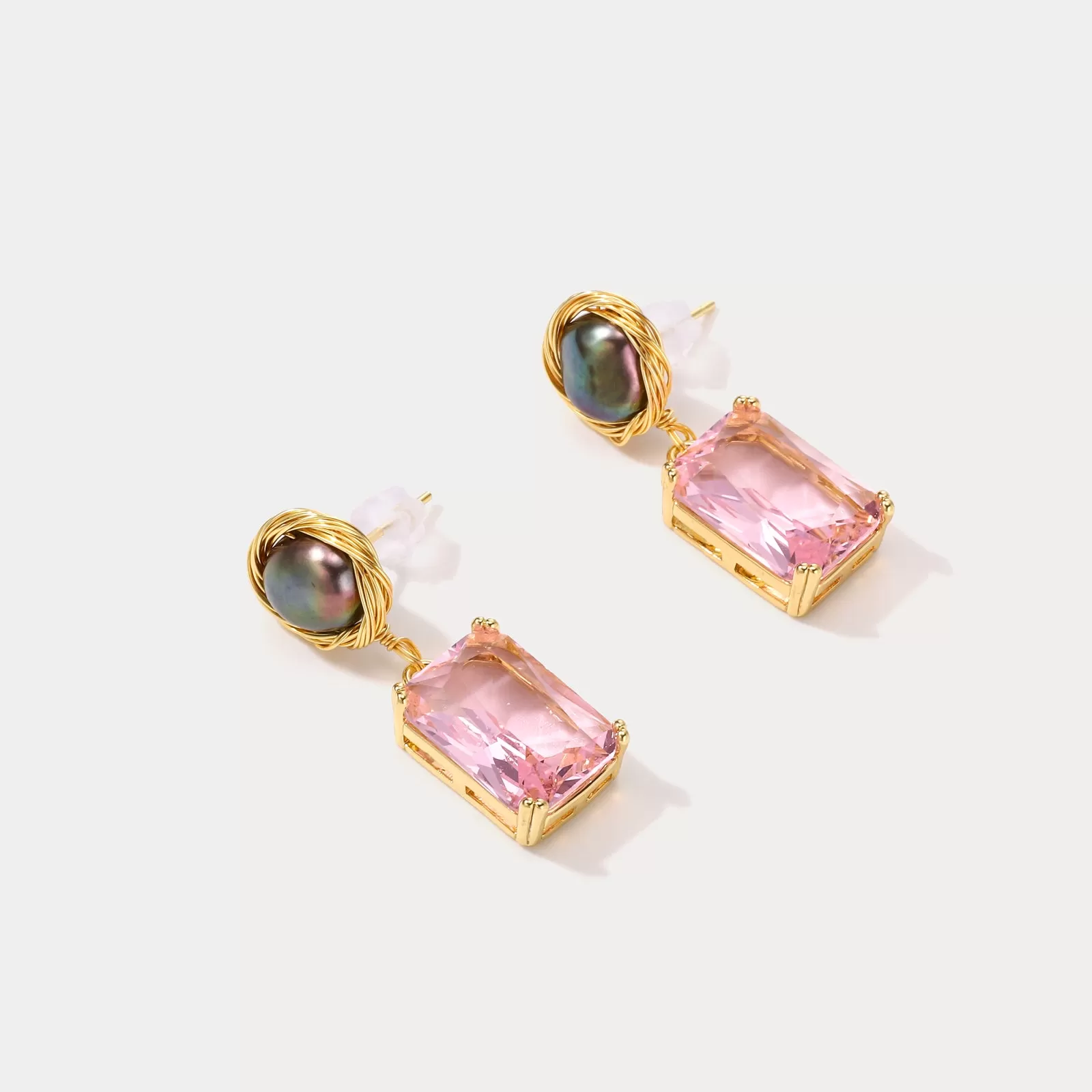 Pink Rectangle Pearl Earrings