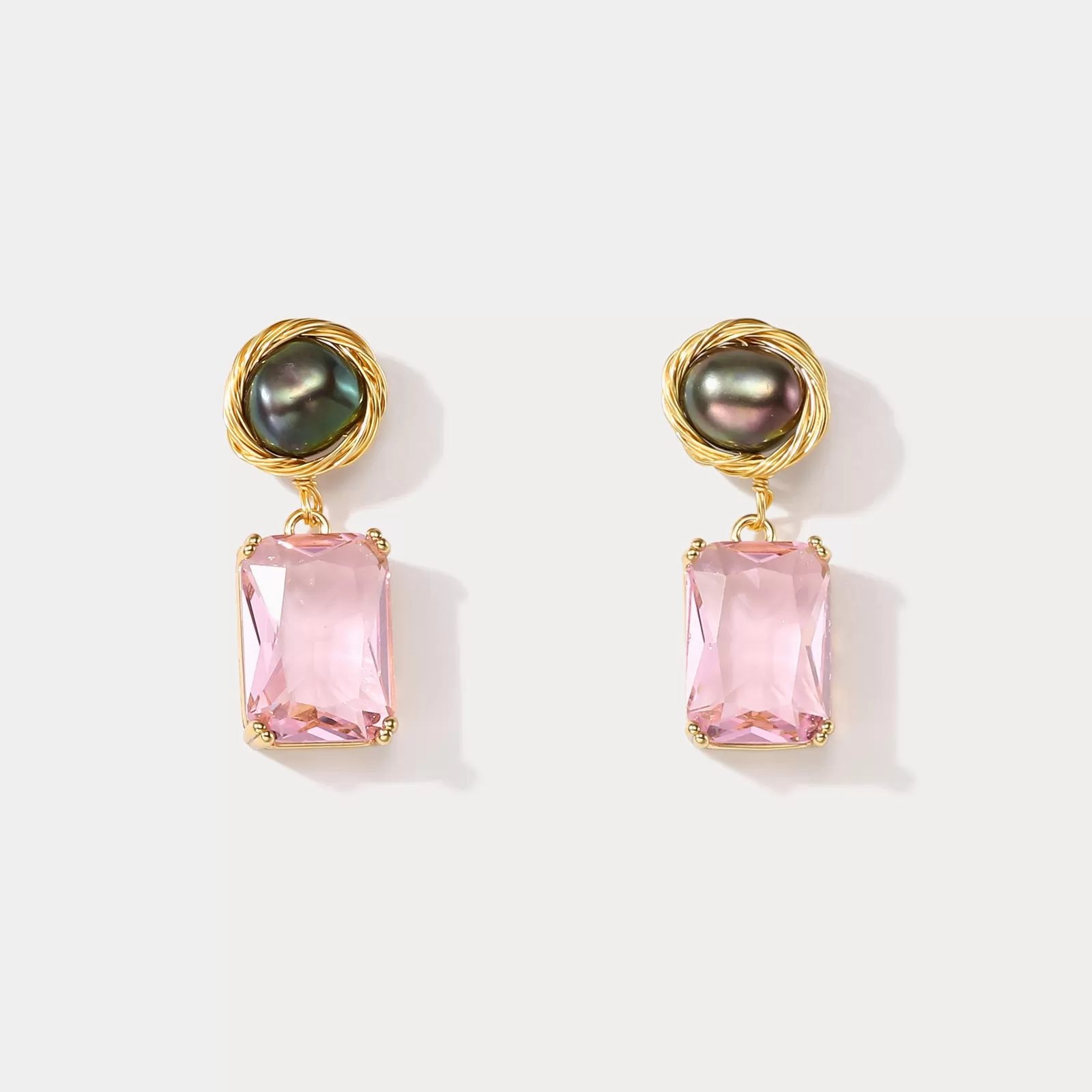 Pink Rectangle Pearl Earrings