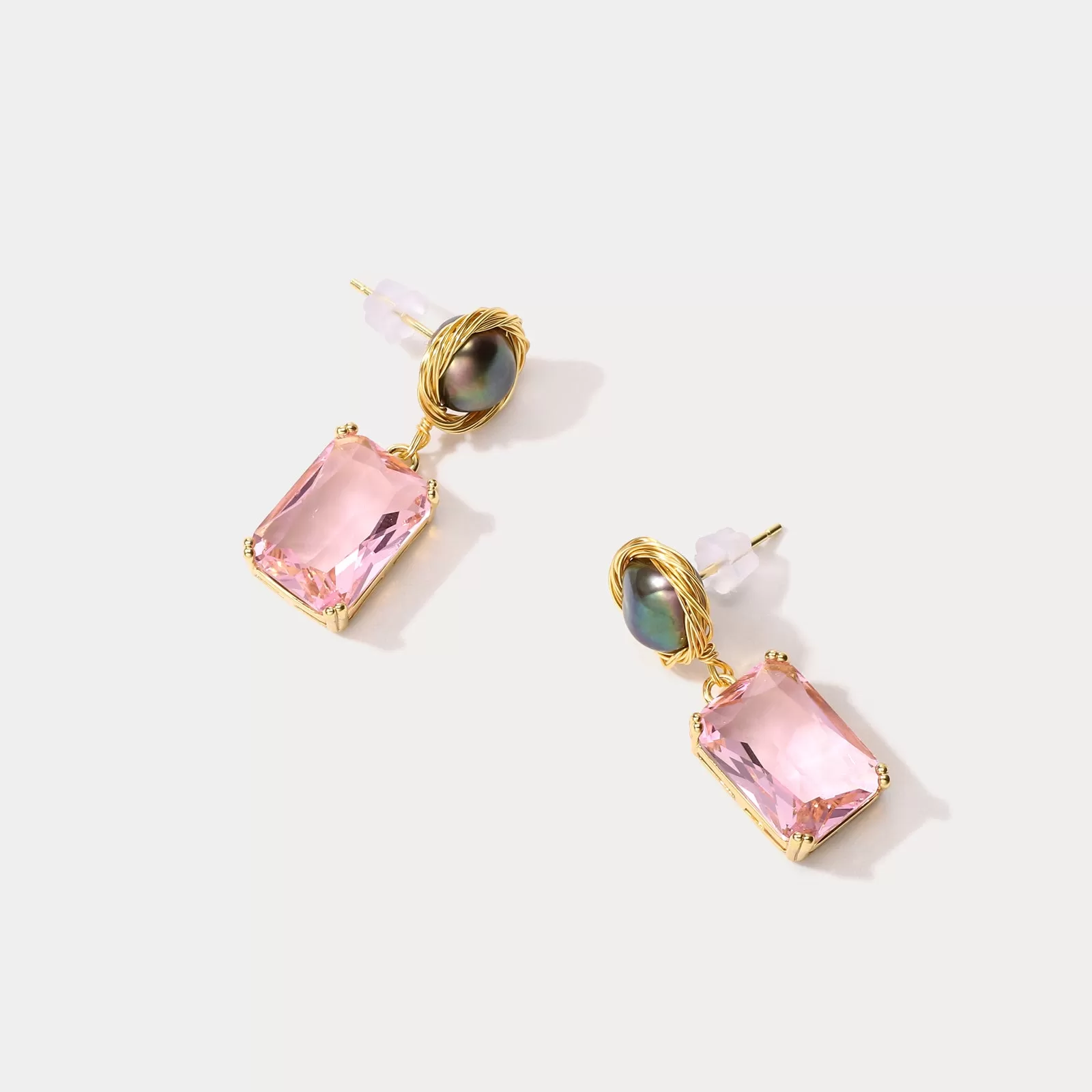 Pink Rectangle Pearl Earrings