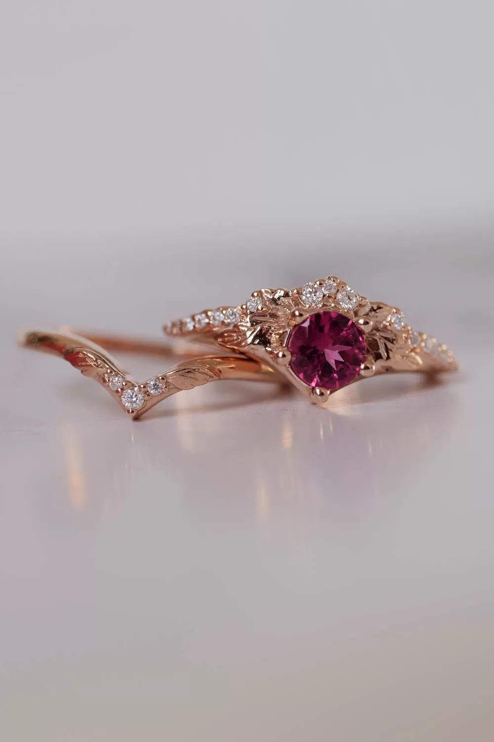 Pink tourmaline & diamonds bridal ring set / Amelia