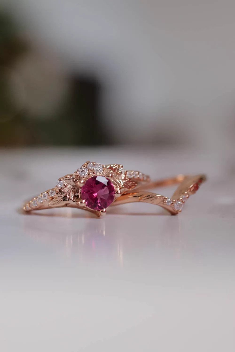 Pink tourmaline & diamonds bridal ring set / Amelia