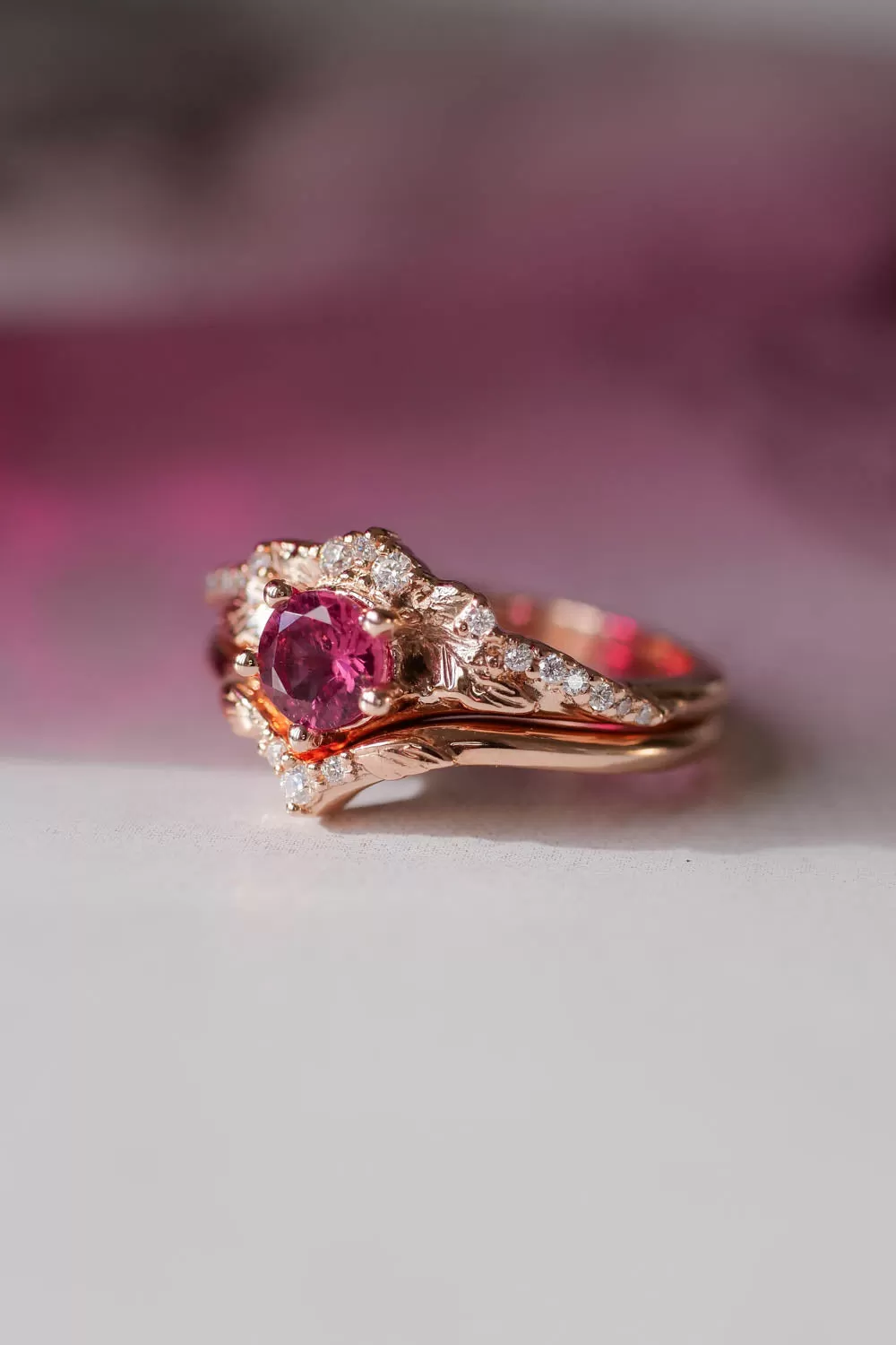 Pink tourmaline & diamonds bridal ring set / Amelia