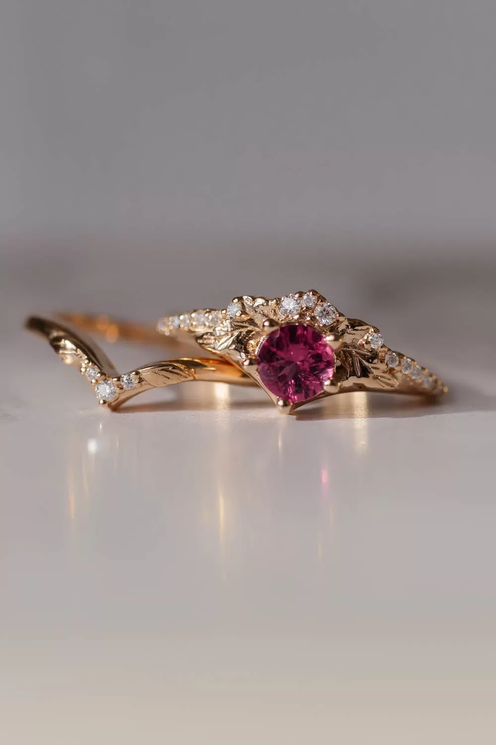 Pink tourmaline & diamonds bridal ring set / Amelia