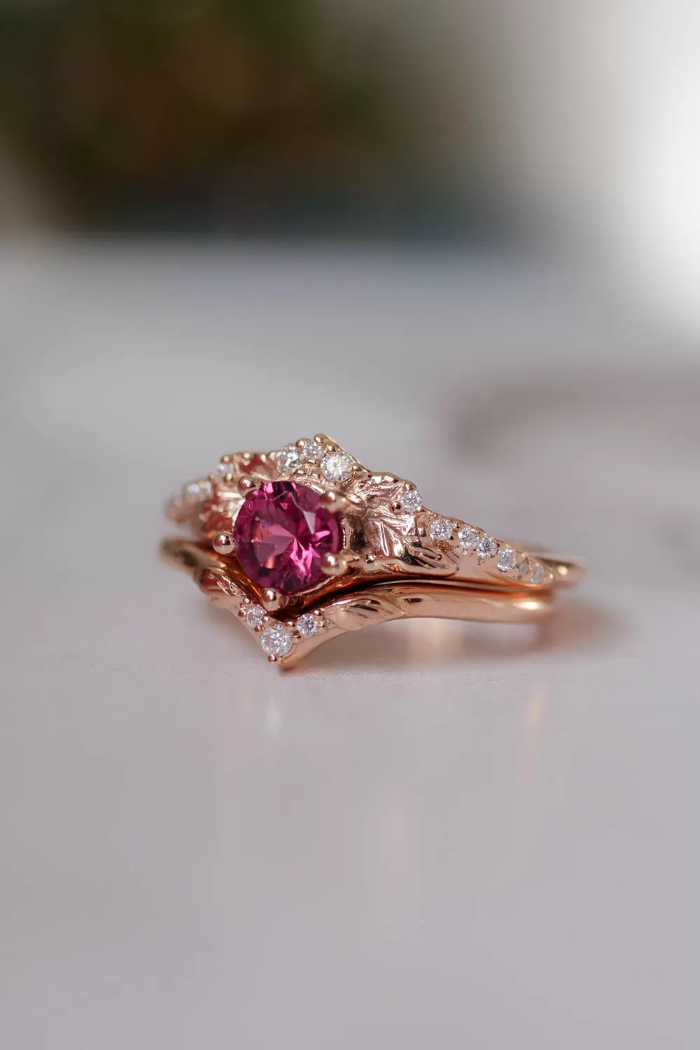 Pink tourmaline & diamonds bridal ring set / Amelia