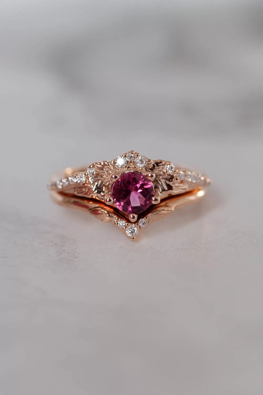 Pink tourmaline & diamonds bridal ring set / Amelia