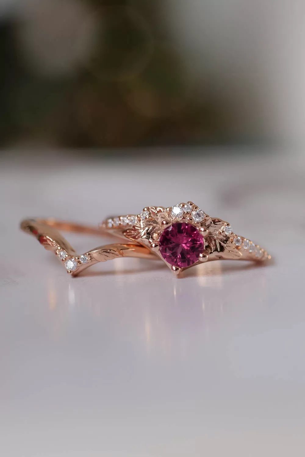 Pink tourmaline & diamonds bridal ring set / Amelia