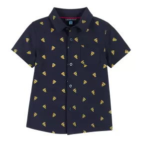 Pizza Print Short Sleeve Knit Buttondown shirt  | Navy