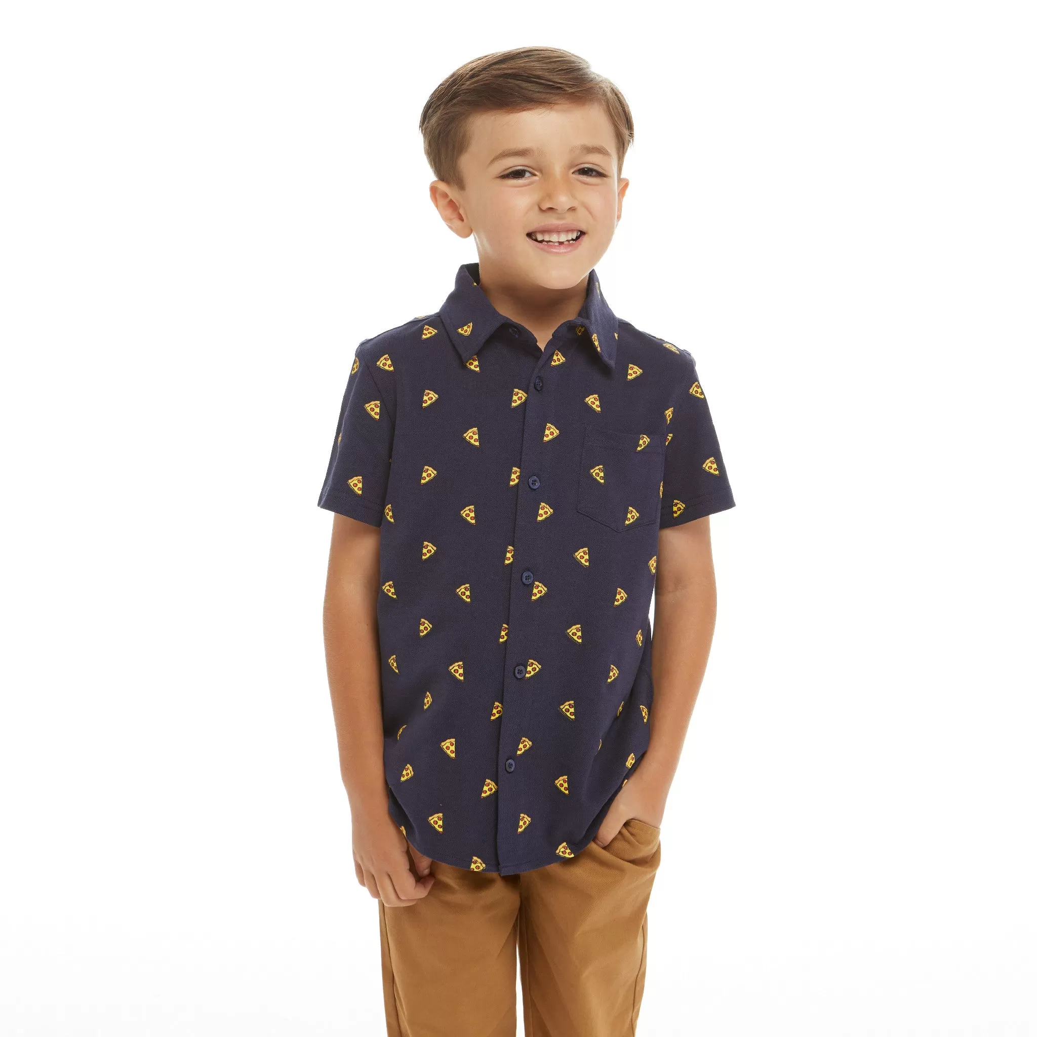 Pizza Print Short Sleeve Knit Buttondown shirt  | Navy