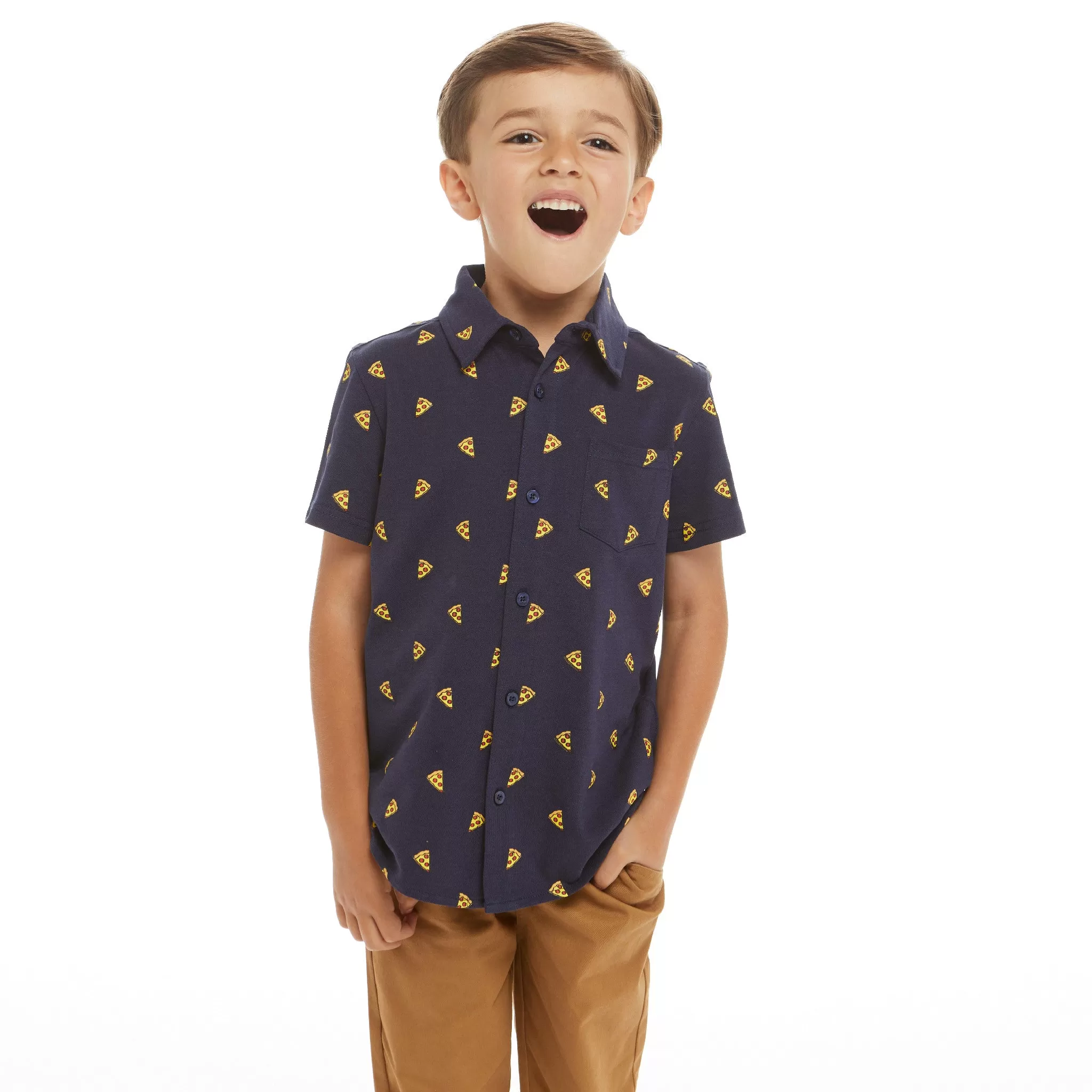 Pizza Print Short Sleeve Knit Buttondown shirt  | Navy