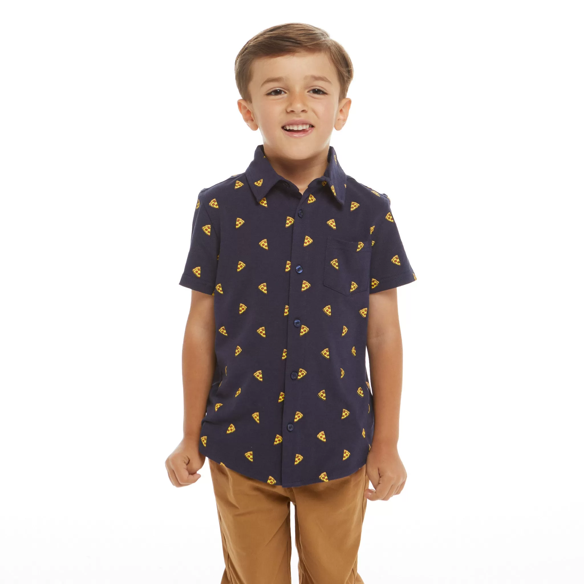 Pizza Print Short Sleeve Knit Buttondown shirt  | Navy