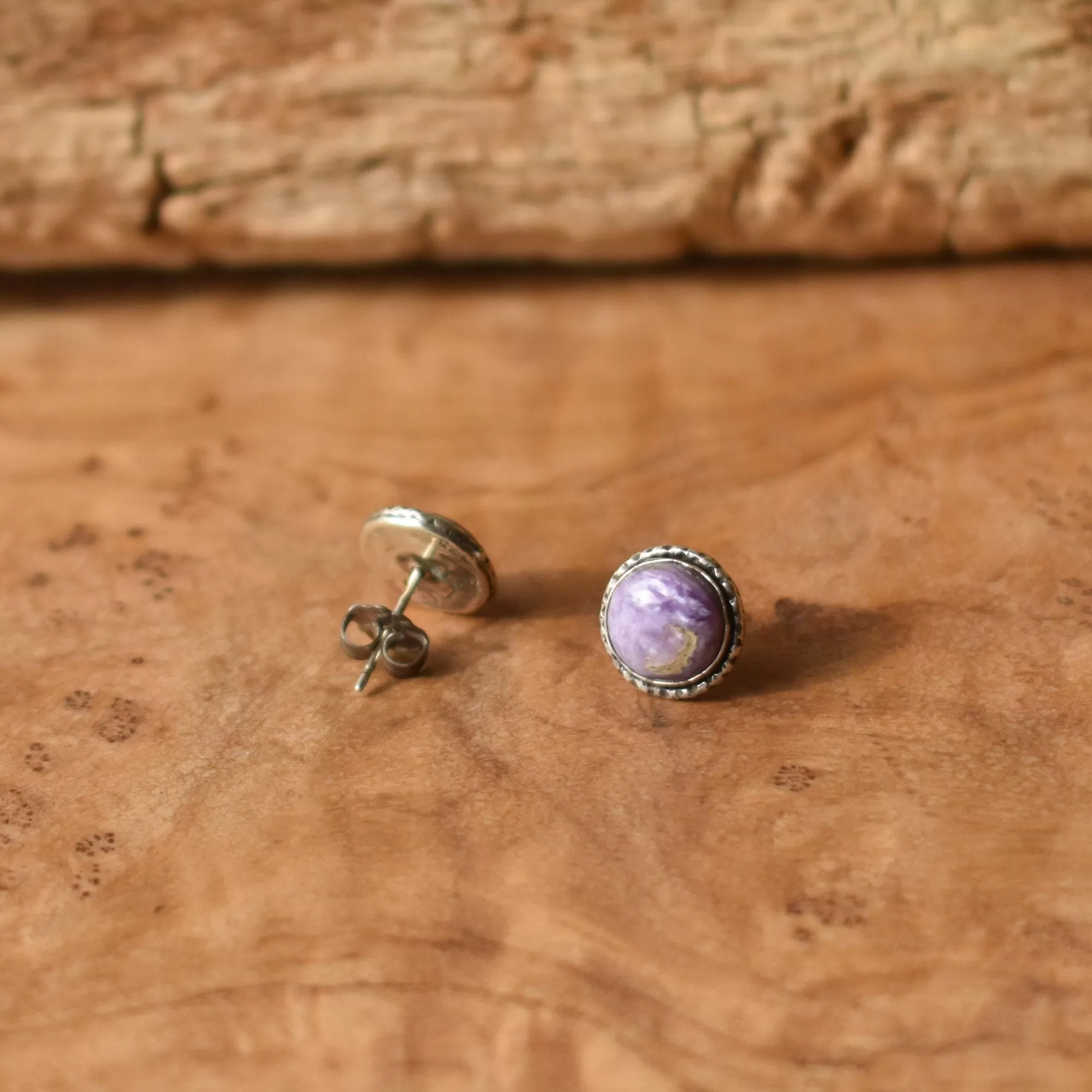 Purple Charoite Hammered Posts - .925 Sterling Silver - Charoite Post Earrings - Silversmith Studs