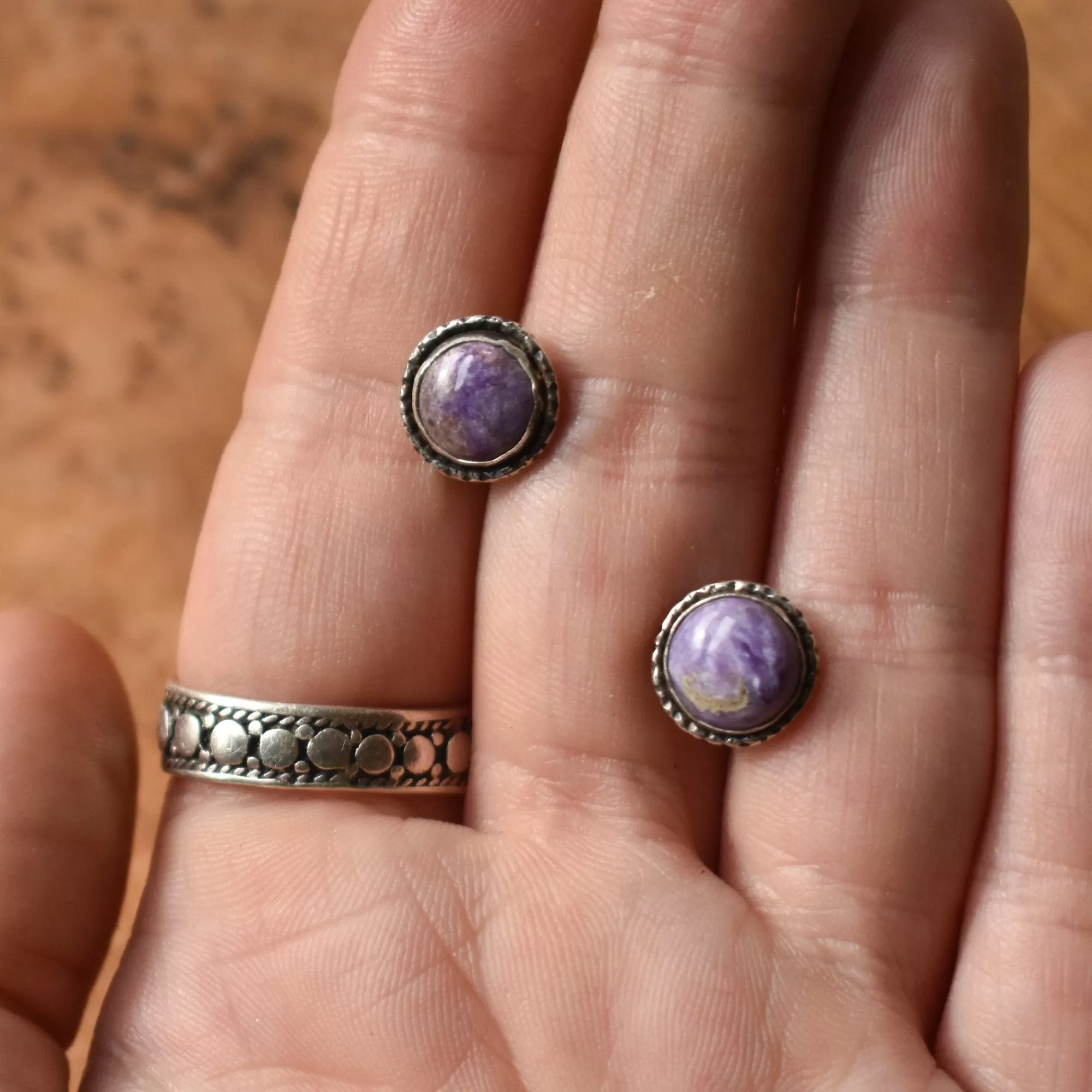 Purple Charoite Hammered Posts - .925 Sterling Silver - Charoite Post Earrings - Silversmith Studs