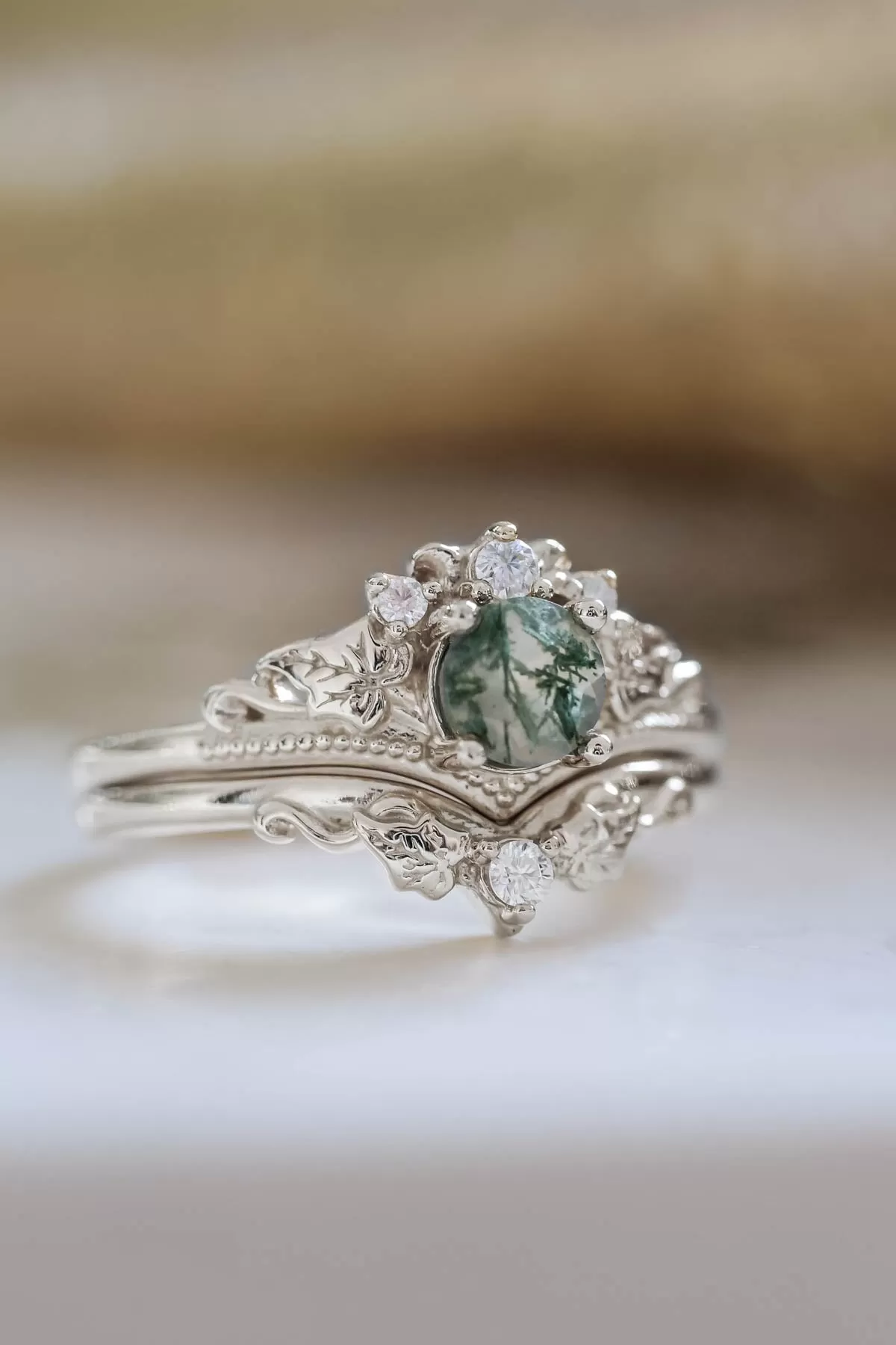 READY TO SHIP: Ariadne bridal ring set in 14K white gold, natural moss agate 5 mm, accent lab grown diamonds, AVAILABLE RING SIZES: 6-8, 9-10 US