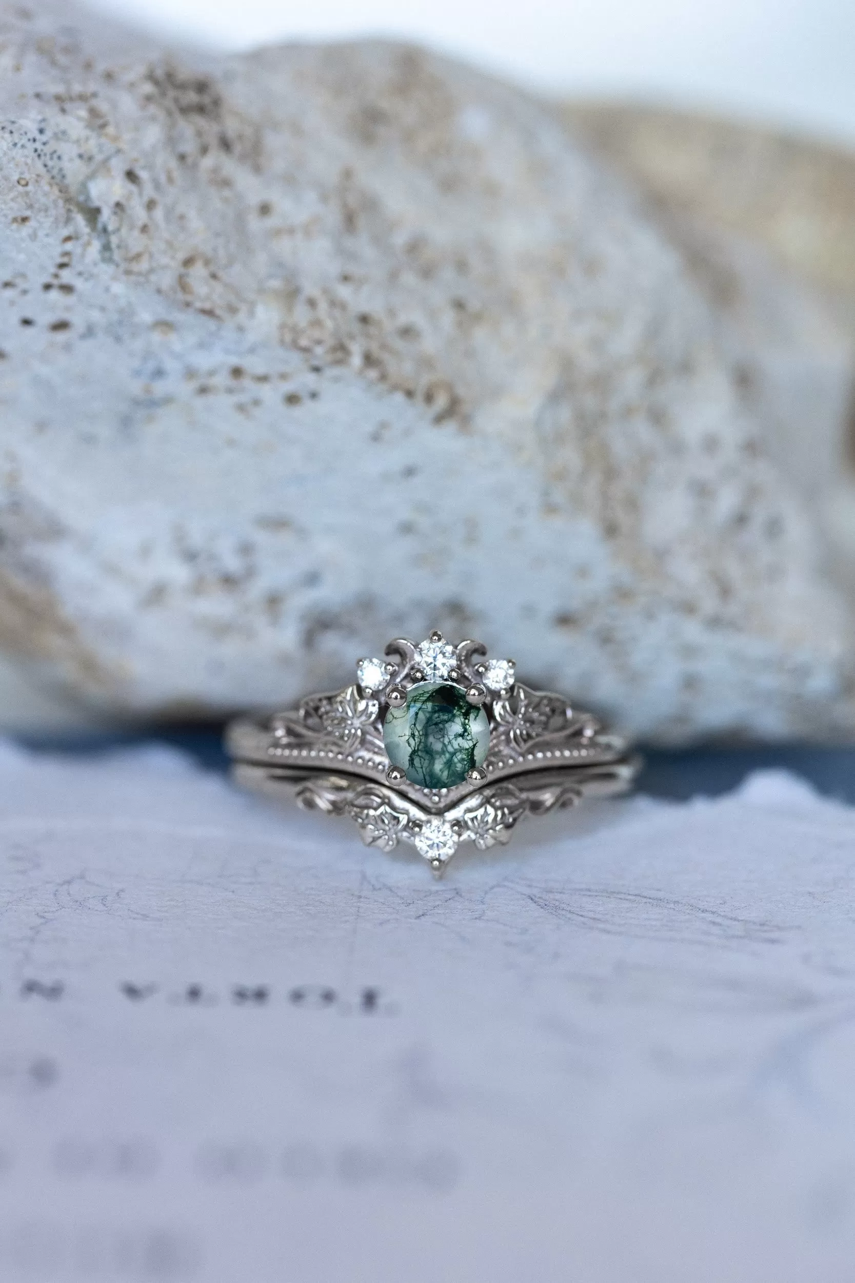 READY TO SHIP: Ariadne bridal ring set in 14K white gold, natural moss agate 5 mm, accent lab grown diamonds, AVAILABLE RING SIZES: 6-8, 9-10 US