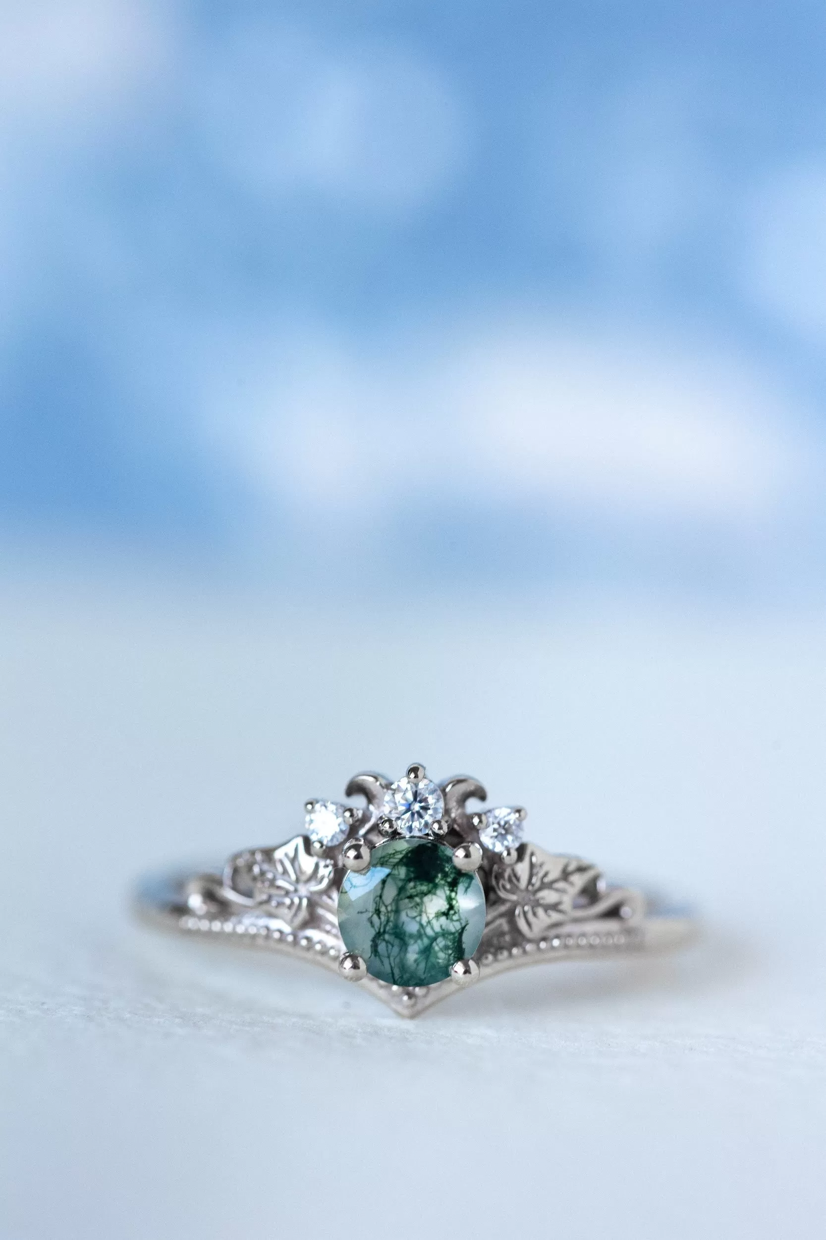 READY TO SHIP: Ariadne bridal ring set in 14K white gold, natural moss agate 5 mm, accent lab grown diamonds, AVAILABLE RING SIZES: 6-8, 9-10 US