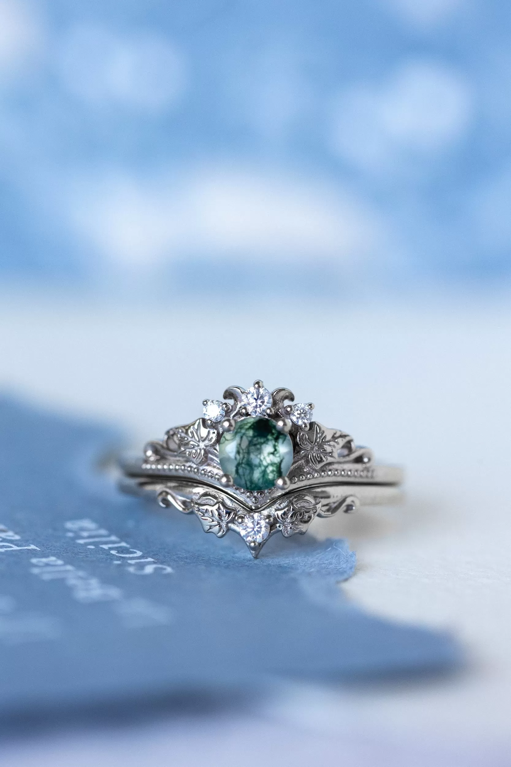 READY TO SHIP: Ariadne bridal ring set in 14K white gold, natural moss agate 5 mm, accent lab grown diamonds, AVAILABLE RING SIZES: 6-8, 9-10 US