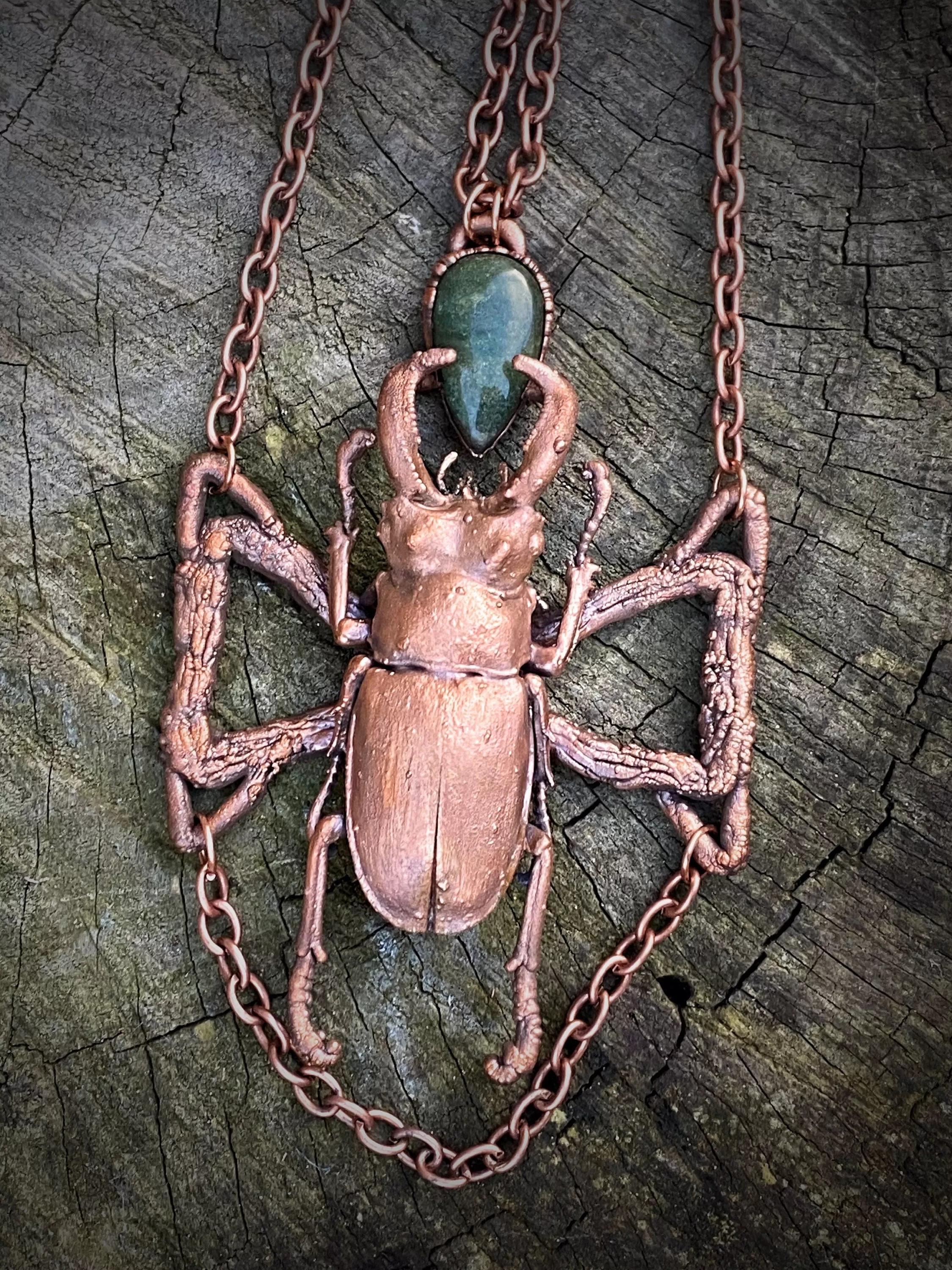 Real stag beetle and green jade