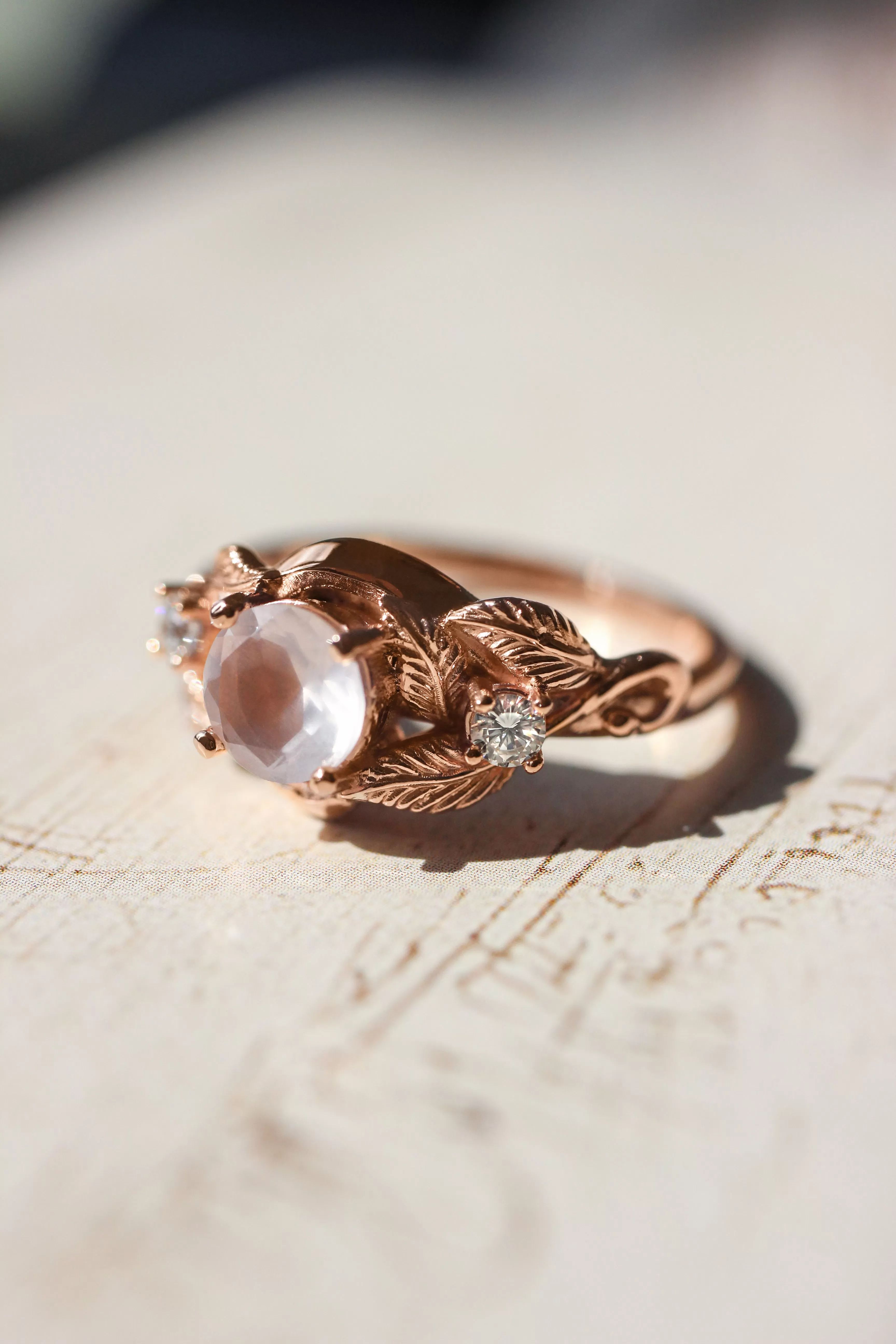 Rose quartz and diamonds engagement ring / Azalea