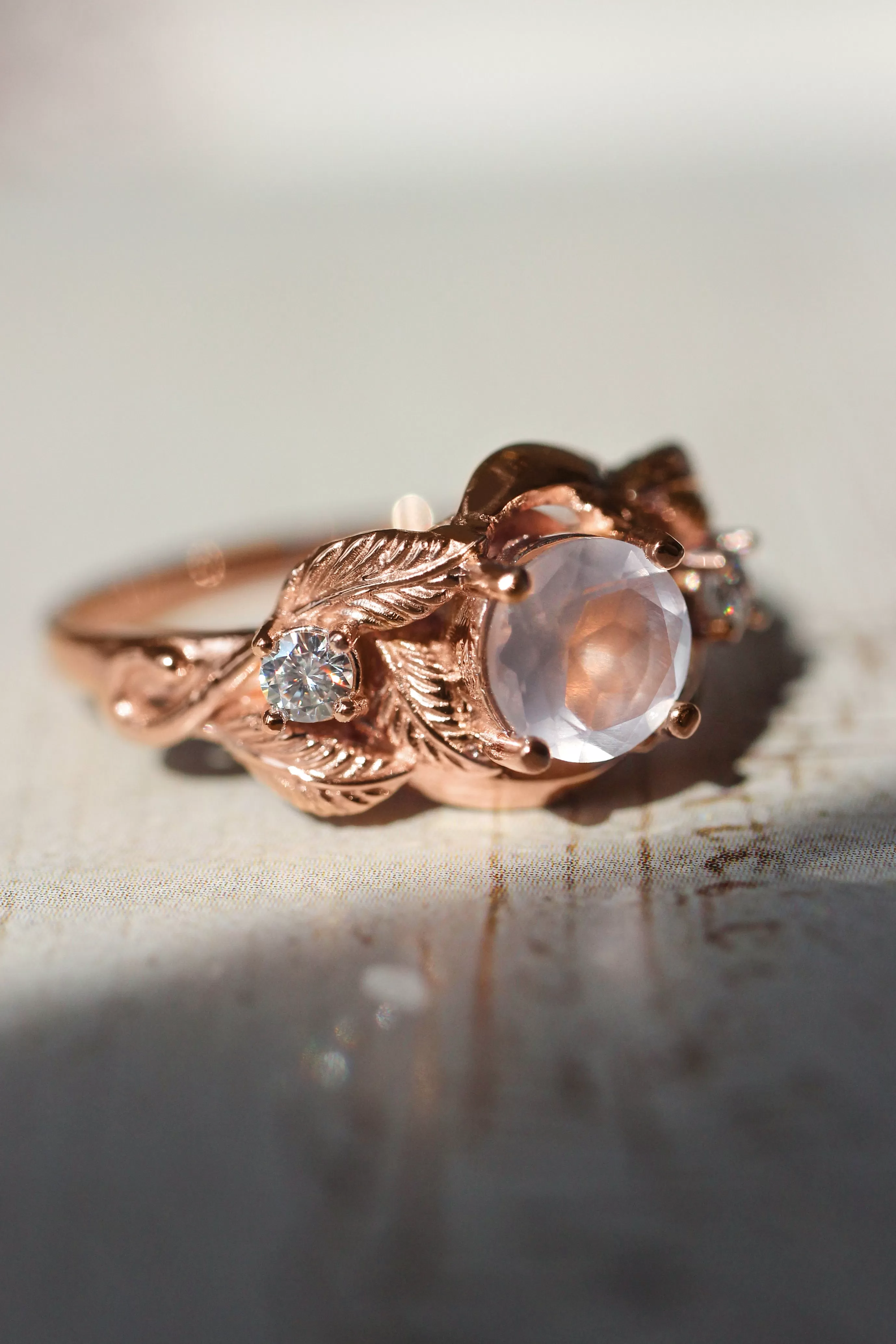 Rose quartz and diamonds engagement ring / Azalea