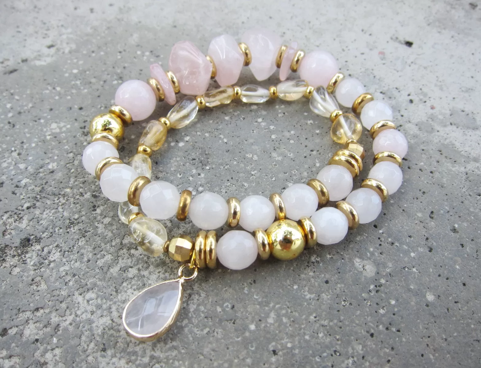 Rose Quartz, Citrine Quartz - Love, Fertility, Good Luck Mala Bracelet