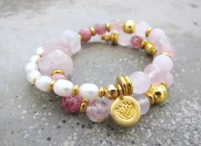 Rose Quartz, Strawberry Quartz, Thulite - Love, Fertility Mala Bracelet in 18K Gold Vermeil Lotus Charm