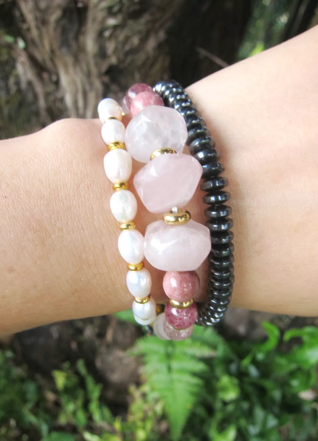 Rose Quartz, Strawberry Quartz, Thulite - Love, Fertility Mala Bracelet in 18K Gold Vermeil Lotus Charm