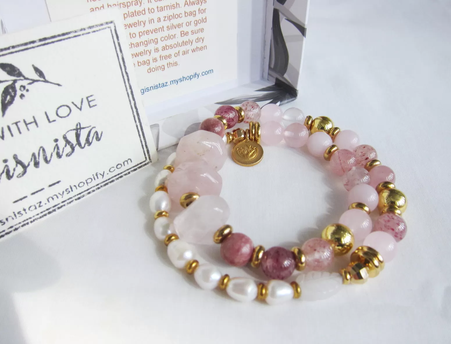 Rose Quartz, Strawberry Quartz, Thulite - Love, Fertility Mala Bracelet in 18K Gold Vermeil Lotus Charm