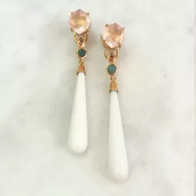 Rose Quartz Stud with Citrine, Emerald & Long White Agate Twinset Earrings