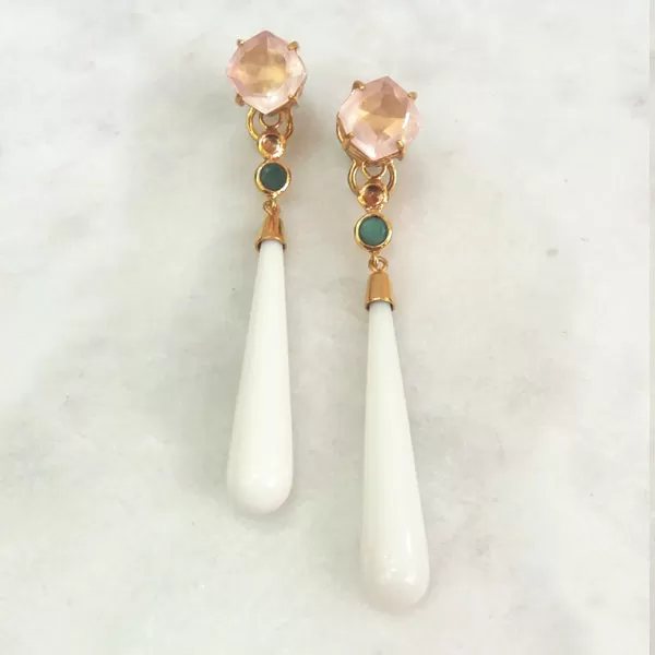 Rose Quartz Stud with Citrine, Emerald & Long White Agate Twinset Earrings