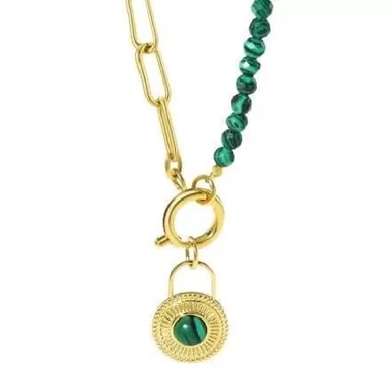 Round Lock Pendant Stainless Steel Emerald Beads Chain Necklace