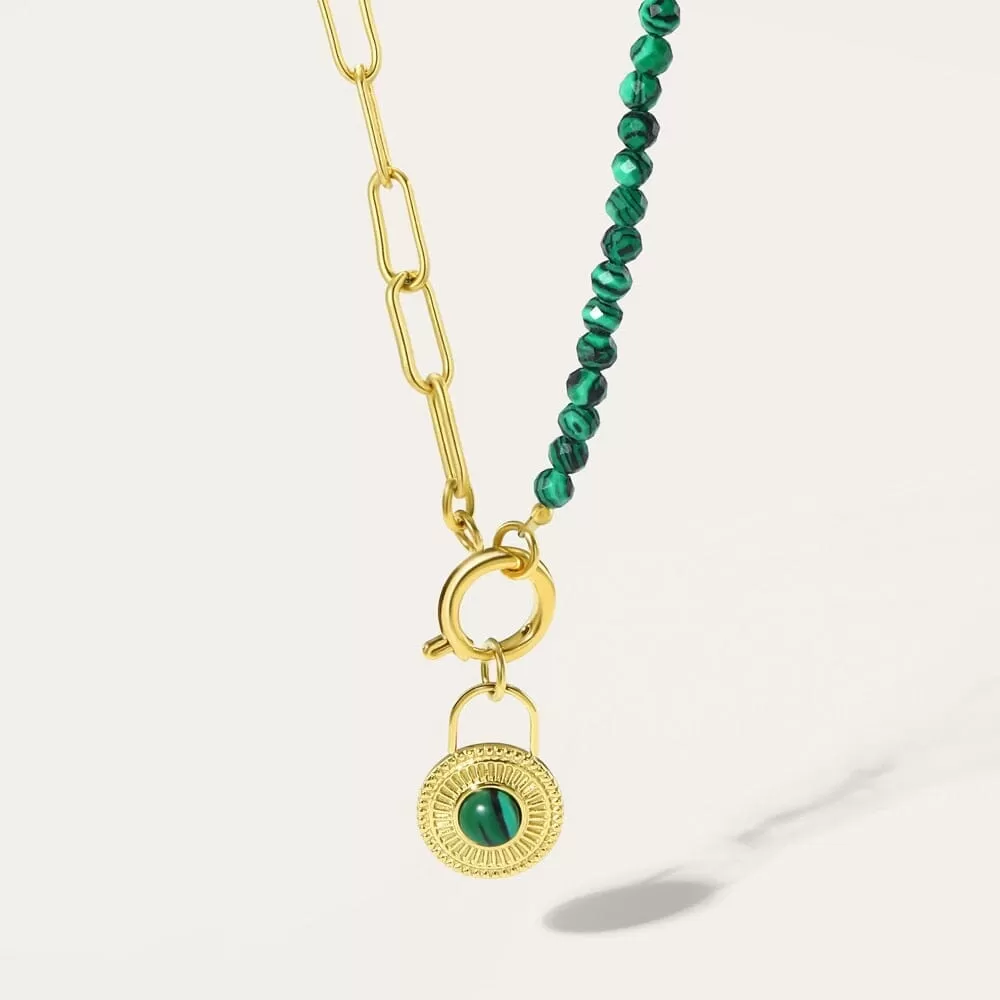 Round Lock Pendant Stainless Steel Emerald Beads Chain Necklace