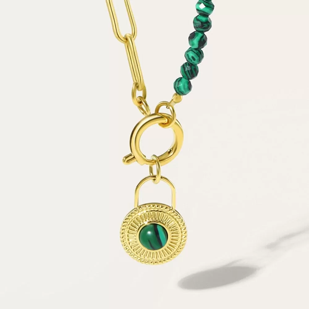 Round Lock Pendant Stainless Steel Emerald Beads Chain Necklace