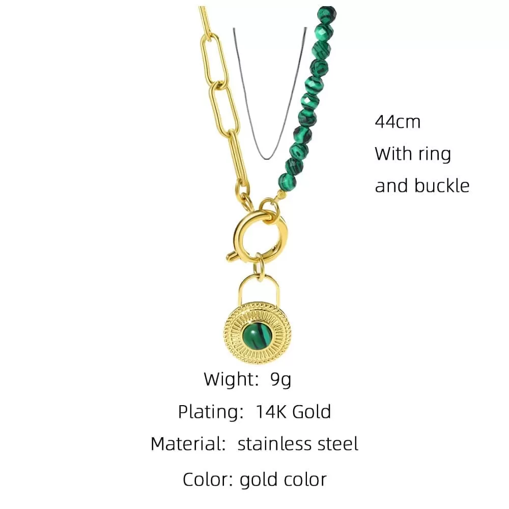 Round Lock Pendant Stainless Steel Emerald Beads Chain Necklace