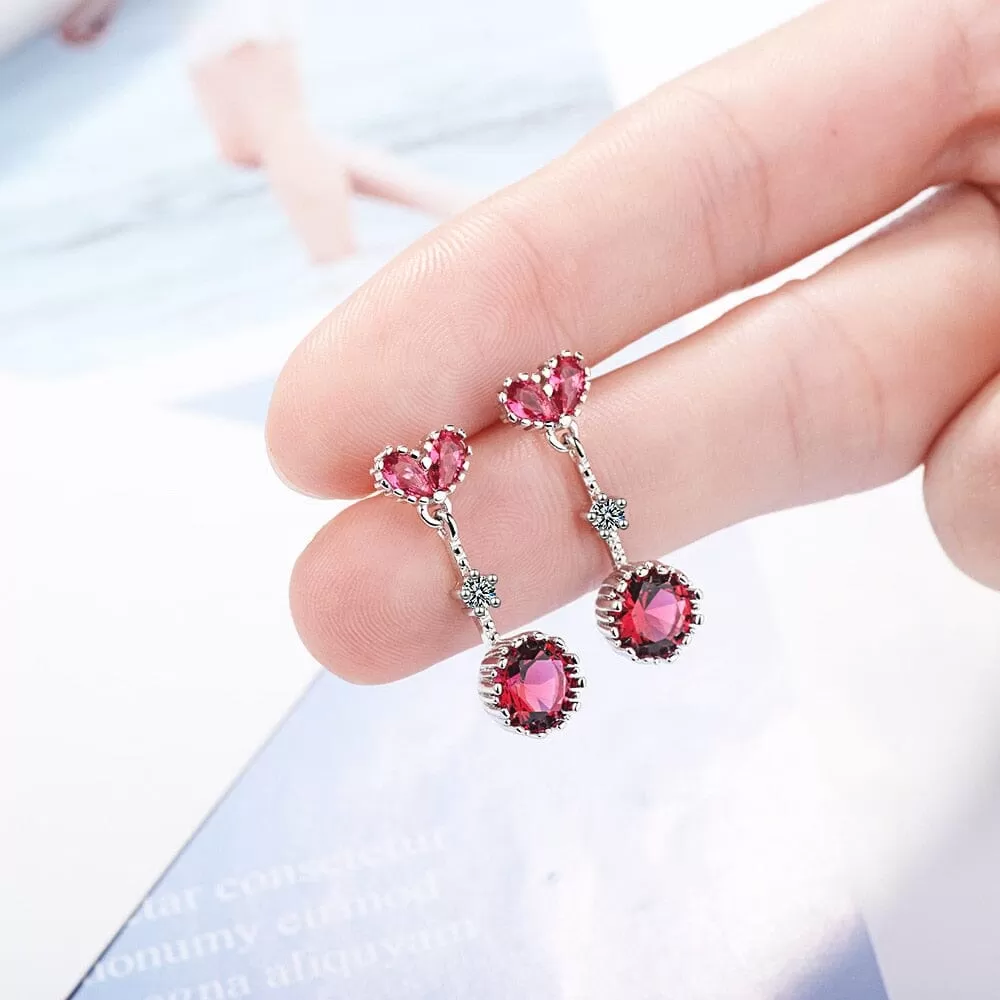 Ruby and Sapphire Heart Shape Gemstones Dangle Drop Earrings