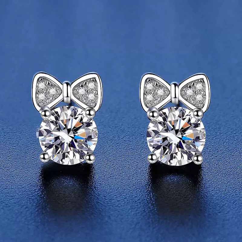 S925 Sterling Silver Bow Cute Moissanite Earrings