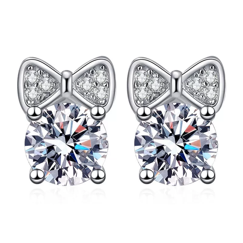 S925 Sterling Silver Bow Cute Moissanite Earrings