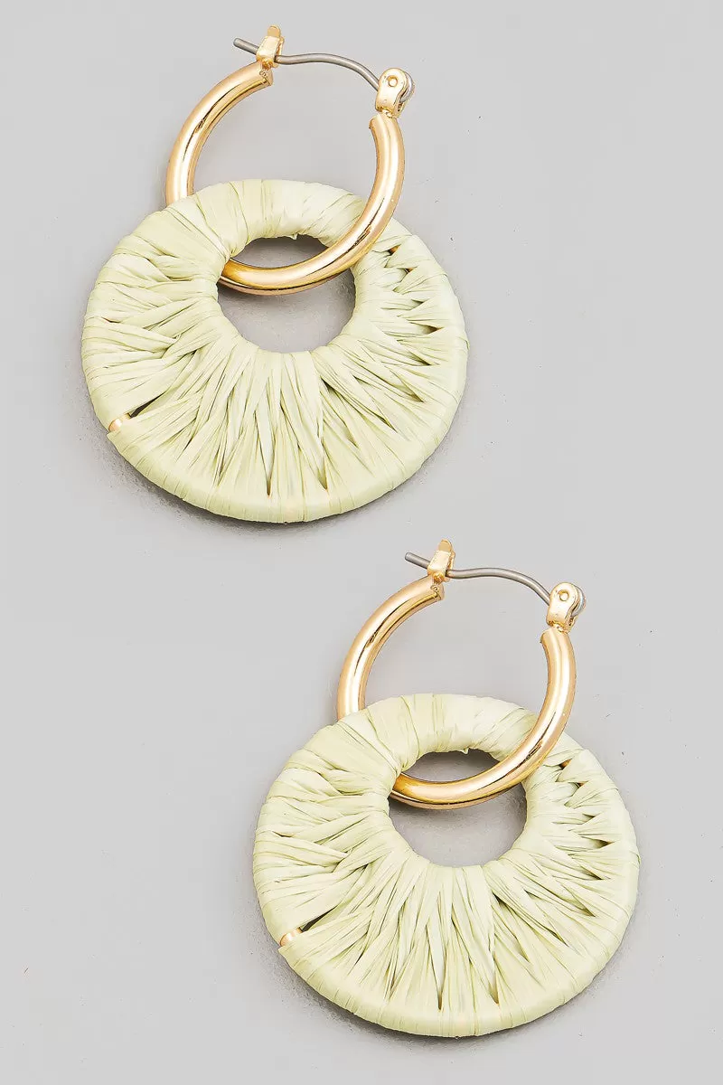 Sage Raffia Wrapped Disc Charm Hoop Earrings