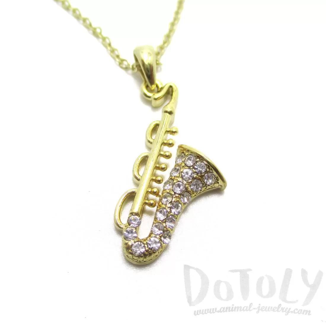 Saxophone Instrument Shaped Rhinestone Pendant Necklace in Gold | For Music Lovers