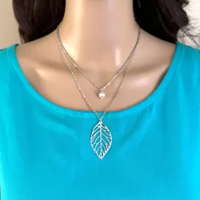 Silver Cut Out Leaf and Pearl Layered Necklace