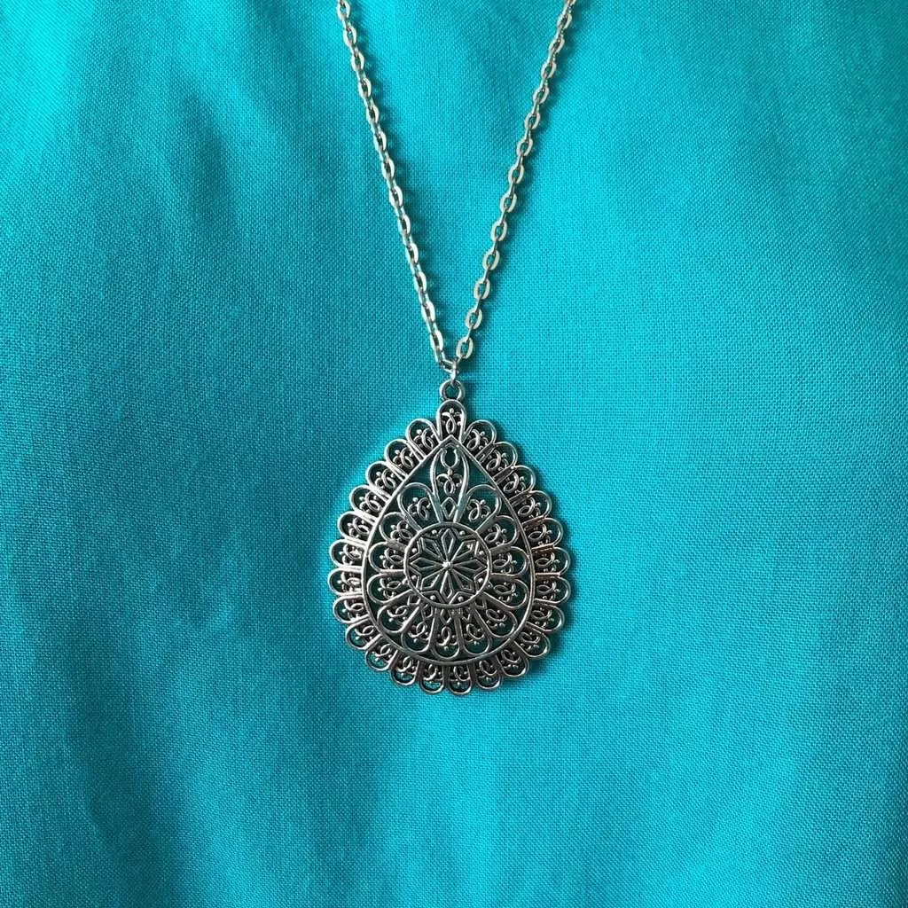 Silver Ornate Layered Long Teardrop Pendant Necklace