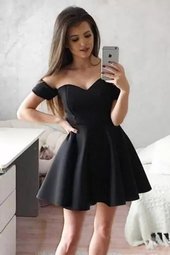 Simple Off the Shoulder Black Homecoming Dresses Sweetheart Satin Short Prom Dresses