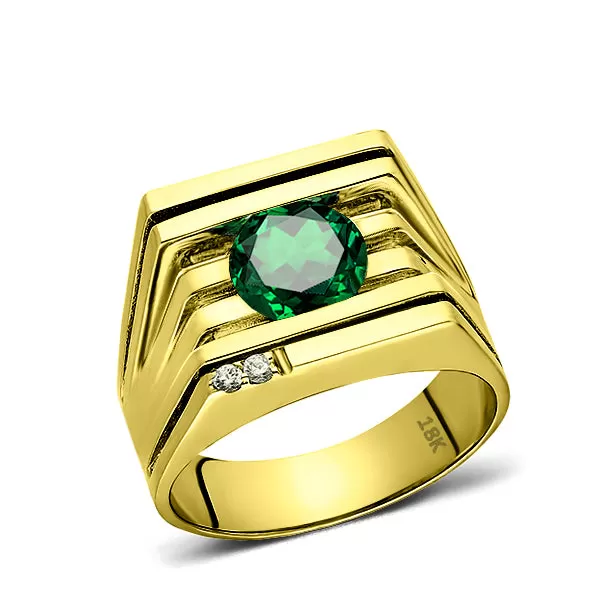 Solid 18K gold Ring For Men with Green Emerald and 2 Real Diamond Accents