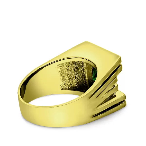 Solid 18K gold Ring For Men with Green Emerald and 2 Real Diamond Accents