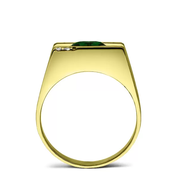 Solid 18K gold Ring For Men with Green Emerald and 2 Real Diamond Accents