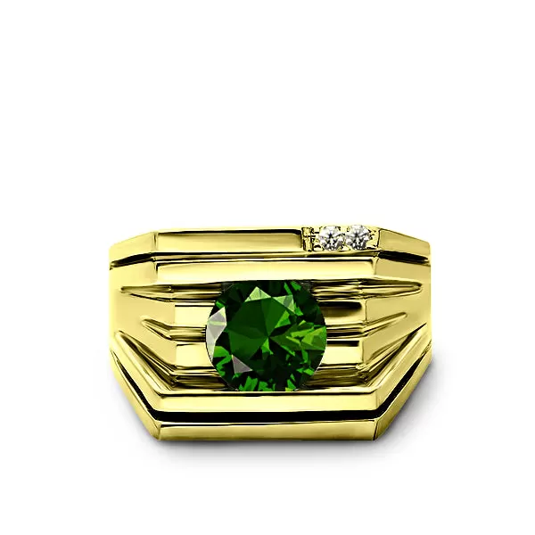 Solid 18K gold Ring For Men with Green Emerald and 2 Real Diamond Accents